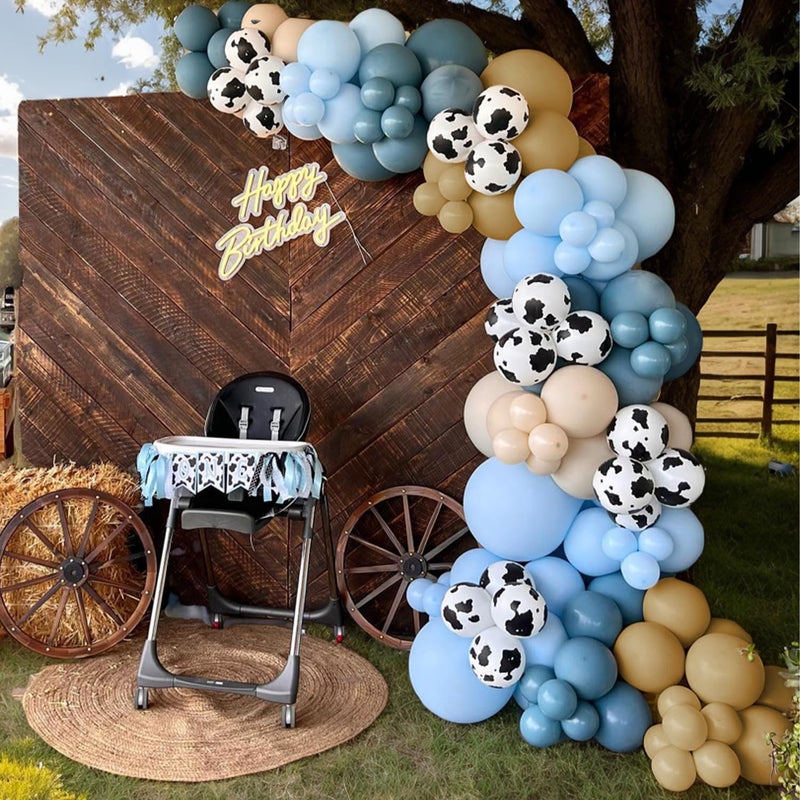Vztipki 153 PCS Dusty Blue Cow Balloon Arch Garland Kit - Dusty Blue, Pastel Blue, Brown, Cream and Cow Print Balloons for Baby Shower, Birthday, Farm, Western, and Cowboy Theme Party Decorations - Image 1